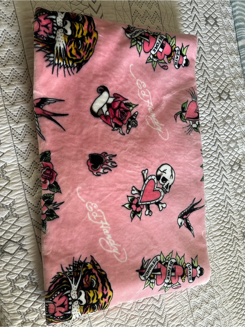 Ed Hardy Pink Tattoo Motif Plush Throw